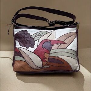 Vintage Handmade Leather Shoulder Bag Patchwork Bird  Boho Hippie Brown Green